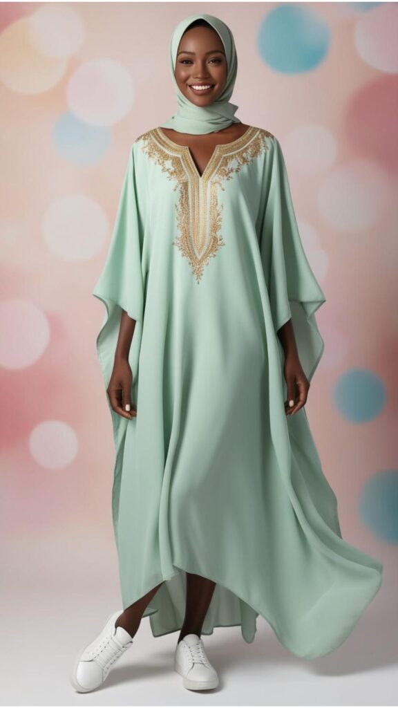 Generate an image of a stunning woman wearing a mint green kaftan with a matching hijab and white sneakers.