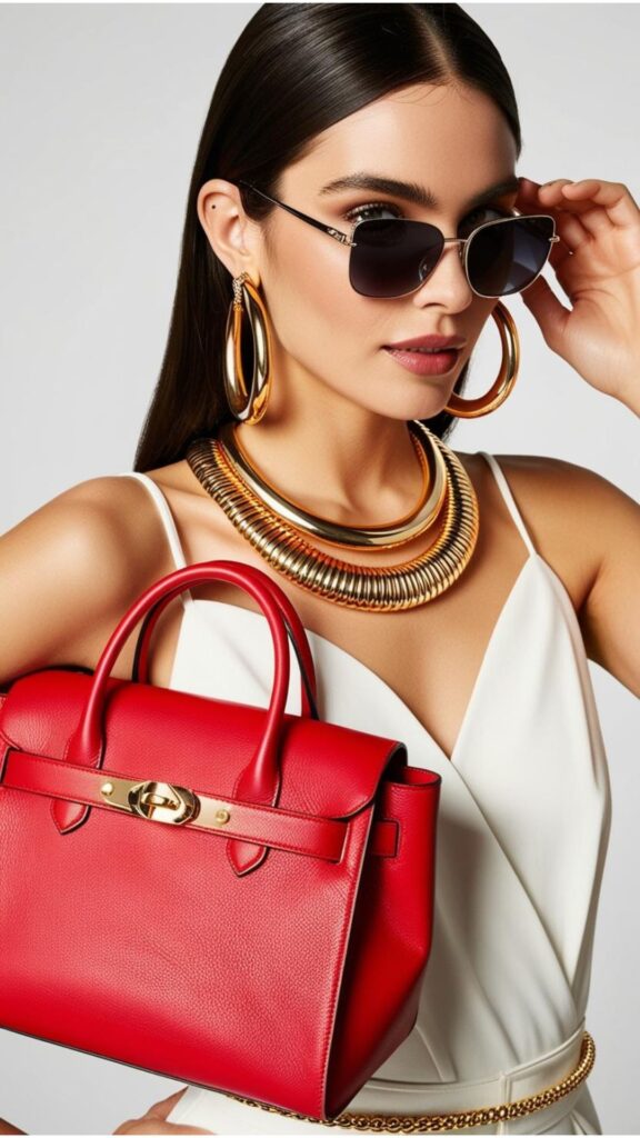 "Baddie" essentials: Eye-catching jewelry, sunglasses, and statement bags complete the look.