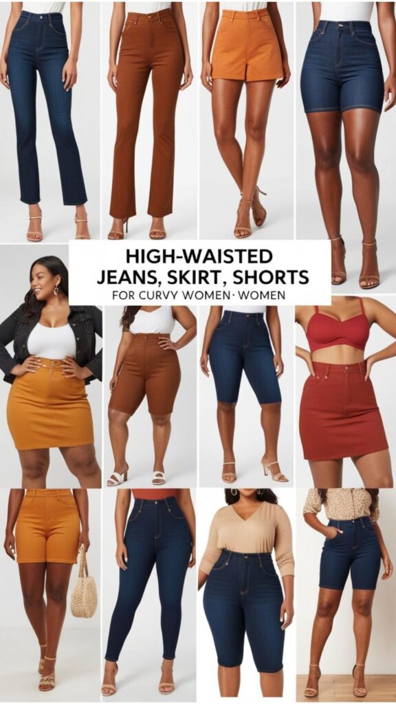 High-waisted jeans, skirts, and shorts for curvy women: Elongate legs and create a flattering silhouette.