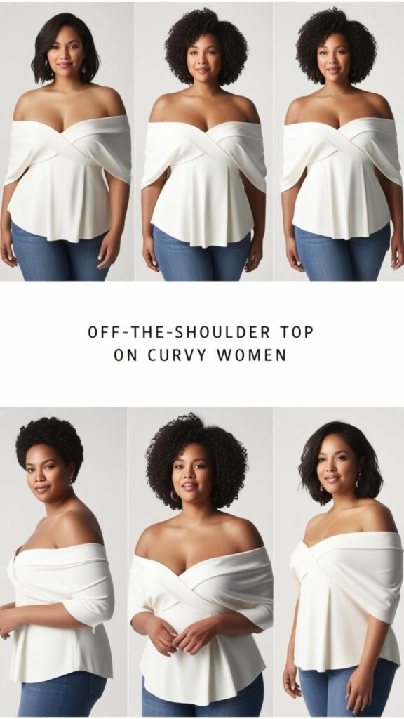 Off-the-shoulder tops: Showcasing shoulders for a flattering and feminine look on curvy women.