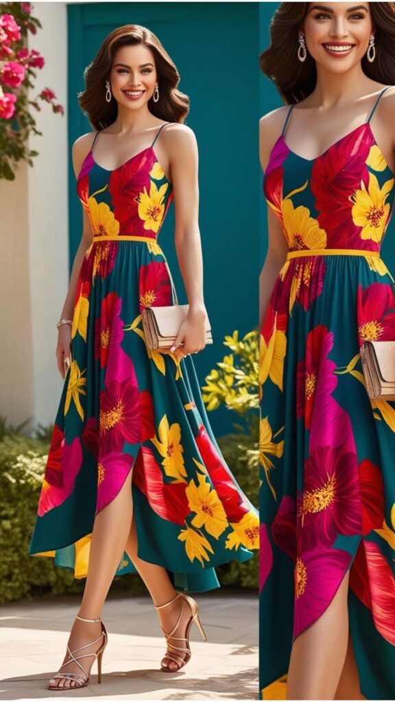 Generate an image of a stunning woman wearing a vibrant floral maxi dress with strappy heels and a clutch bag.