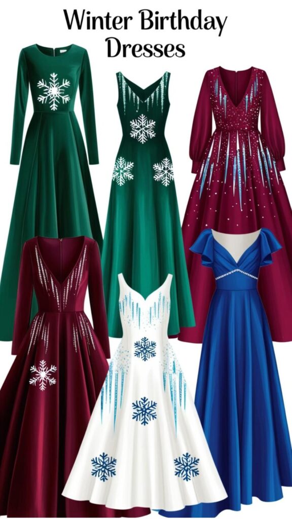 Winter birthday bare colors dresses: experiment with emerald green, ruby red, sapphire blue.