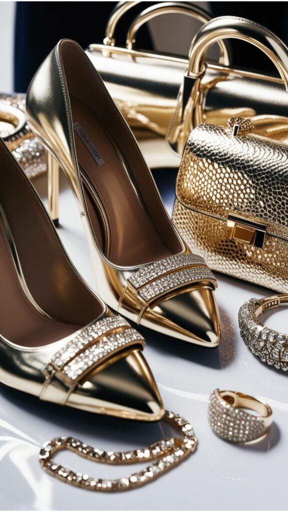 Metallic shoes, bags, and jewelry are highlighted, illustrating how these accents add sparkle and elevate an outfit with a touch of glamour.