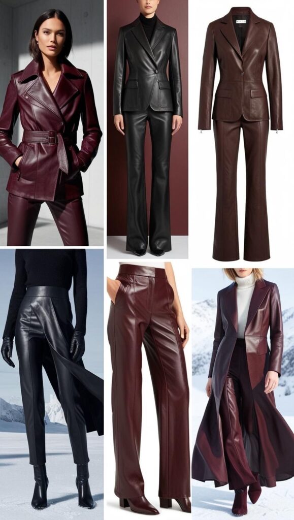 Leather and faux leather garments, including jackets, pants, and skirts, bring an edgy and sophisticated touch to winter wardrobes.
