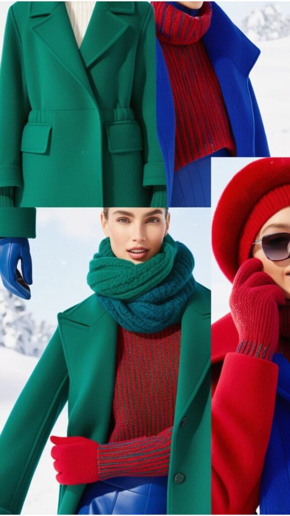 Bold hues such as emerald green, sapphire blue, and ruby red are prominent, showcasing a vibrant injection of color into winter wardrobes.
