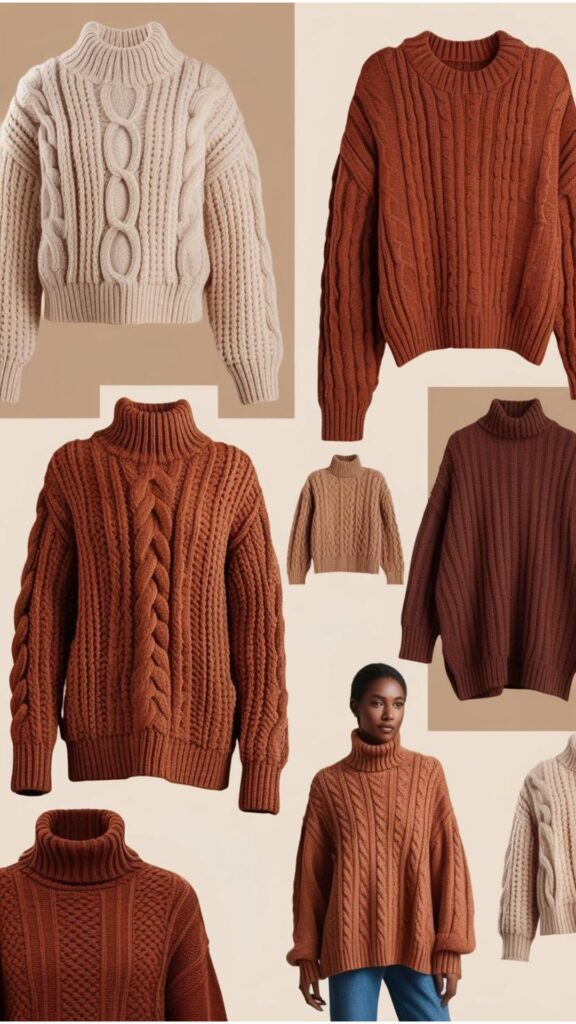 Chunky knit sweaters, oversized cardigans, and cozy turtlenecks dominate, showcasing popular warm and textured winter garments.