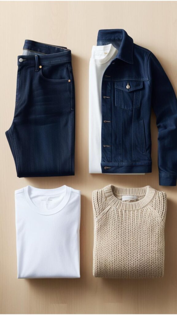 A selection of core capsule wardrobe items neatly arranged, such as a white t-shirt, black trousers, a denim jacket, and a versatile sweater.