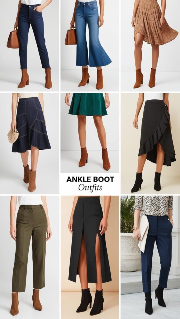 A variety of ankle boots outfits, showing how they can be styled with jeans, dresses, skirts, and trousers for different occasions.
