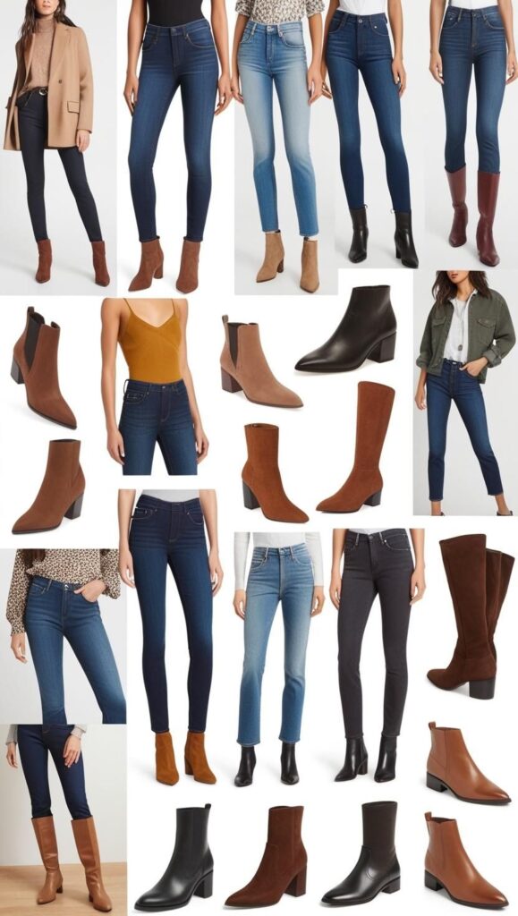 A diverse range of boots and jeans outfits for women, showcasing different boot heights (ankle, knee-high), heel types (flat, heeled), and jean styles (skinny, boyfriend, flared).