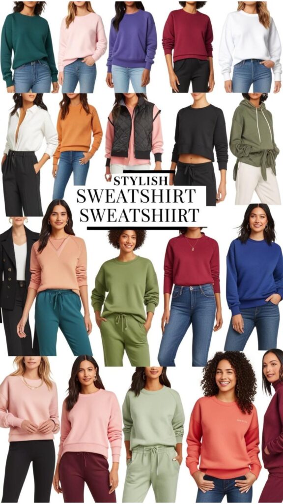 A diverse range of sweatshirts outfits for women, showcasing different styling options from casual errands to semi-dressed-up occasions.
