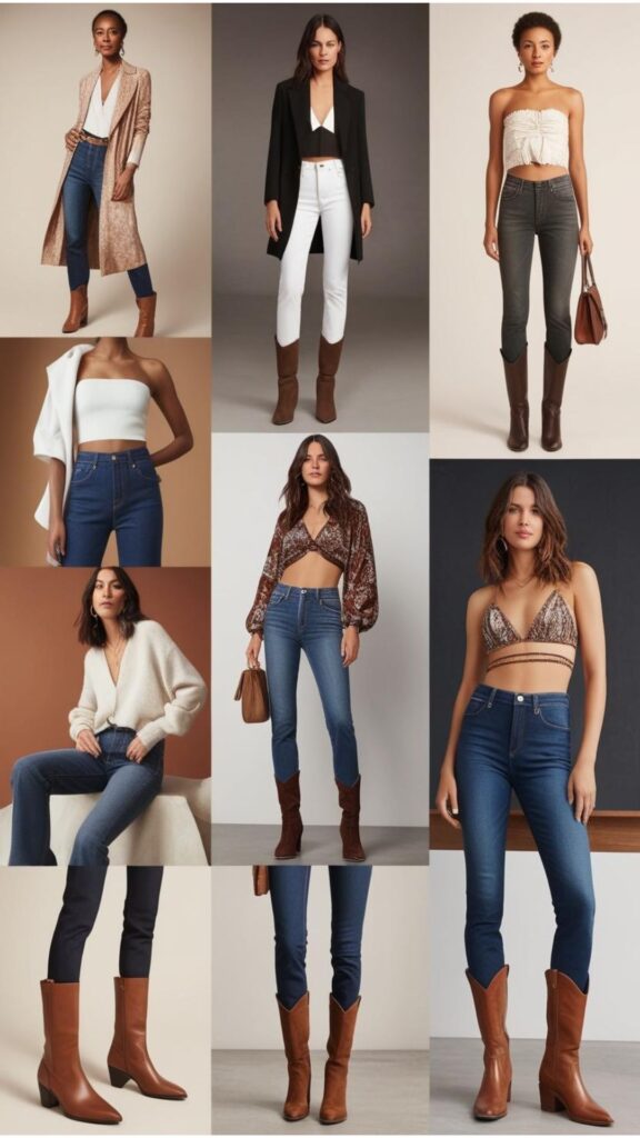A collection of aesthetically pleasing boots and jeans outfit photos, focusing on lighting, composition, and overall style, ranging from minimalist to bohemian.