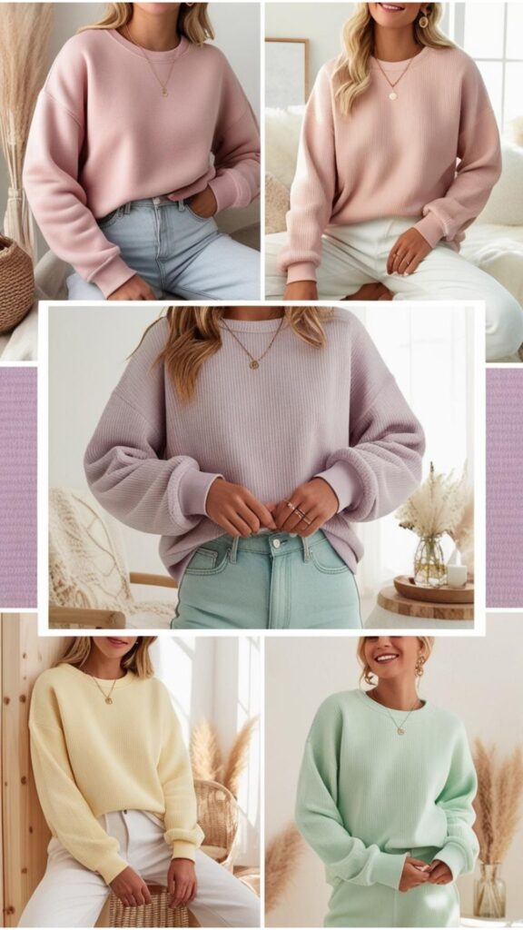 A collection of aesthetically pleasing sweatshirts outfits photos, focusing on minimalist styles, pastel colors, and cozy textures, often in well-lit, lifestyle settings.