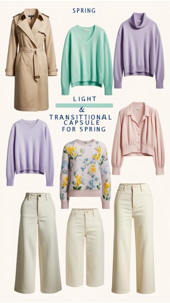 A selection of light and transitional capsule wardrobe items suitable for spring, such as a trench coat, light sweaters, floral blouses, and versatile trousers.