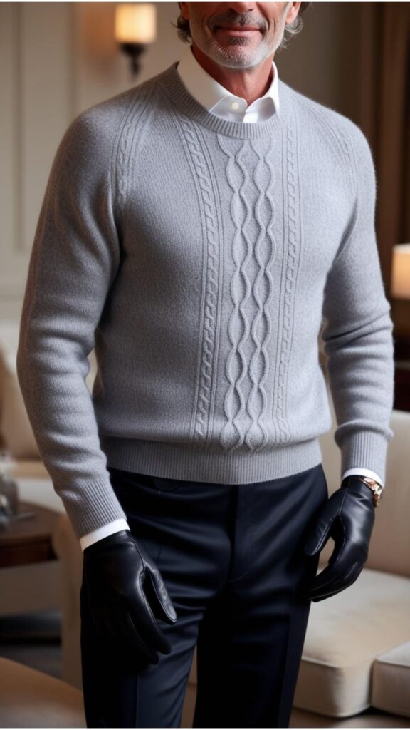 Generate an image of a man wearing a gray cashmere sweater with black tailored trousers and leather gloves.