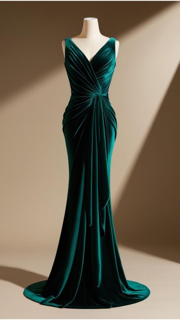 A velvet dress is displayed, highlighting its suitability for adding a luxurious and glamorous touch to an elegant ensemble.