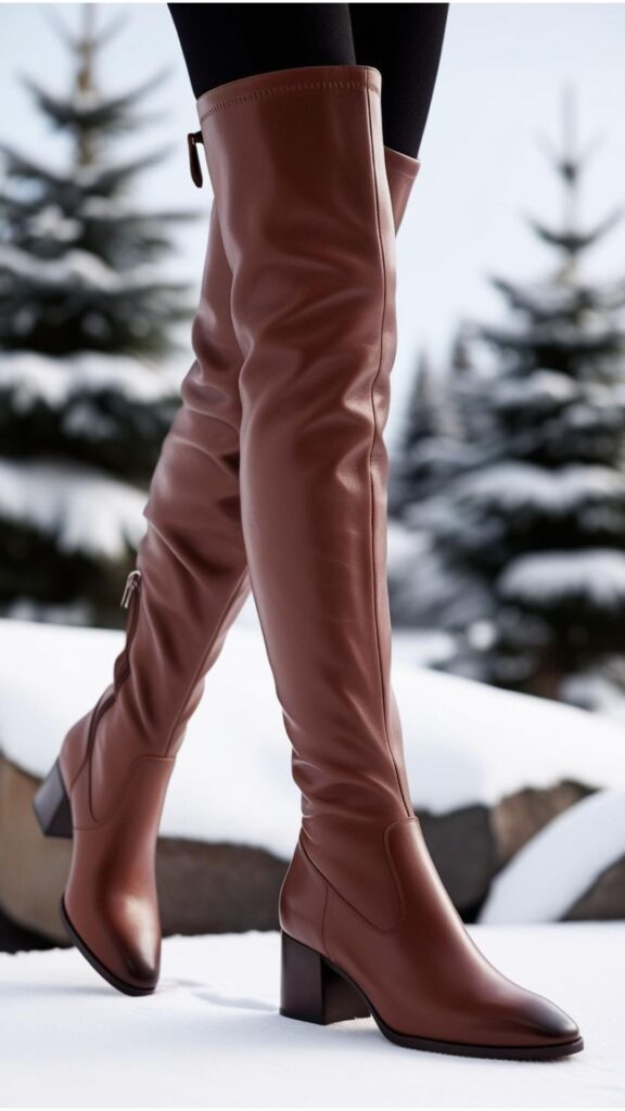 Over-the-knee boots are featured, showcasing their ability to add a sophisticated and elegant touch to a variety of winter outfits.
