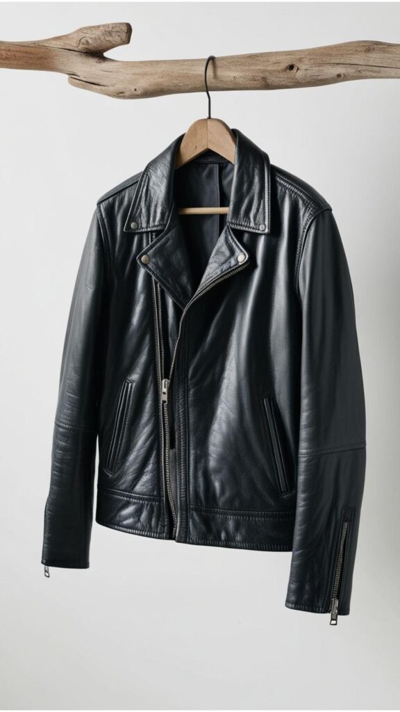 A classic leather jacket is showcased, emphasizing its timeless nature and ability to add an edgy touch to a variety of outfits.