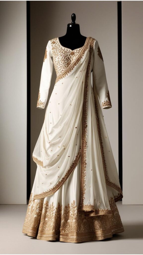 Trendy Indian plus-size white Anarkali suit with delicate embroidery and embellishments for a stunning appearance.