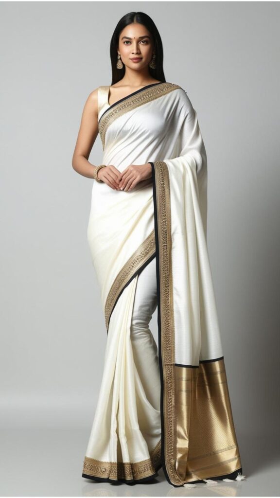 Trendy Indian plus-size white saree with intricate border work and minimal embellishments styled for special occasions.