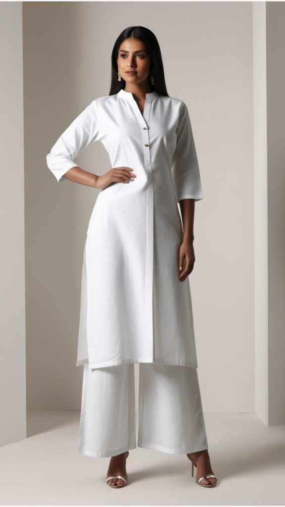 Trendy Indian plus-size white kurti paired with white palazzos styled for a clean, elegant, and sophisticated look.