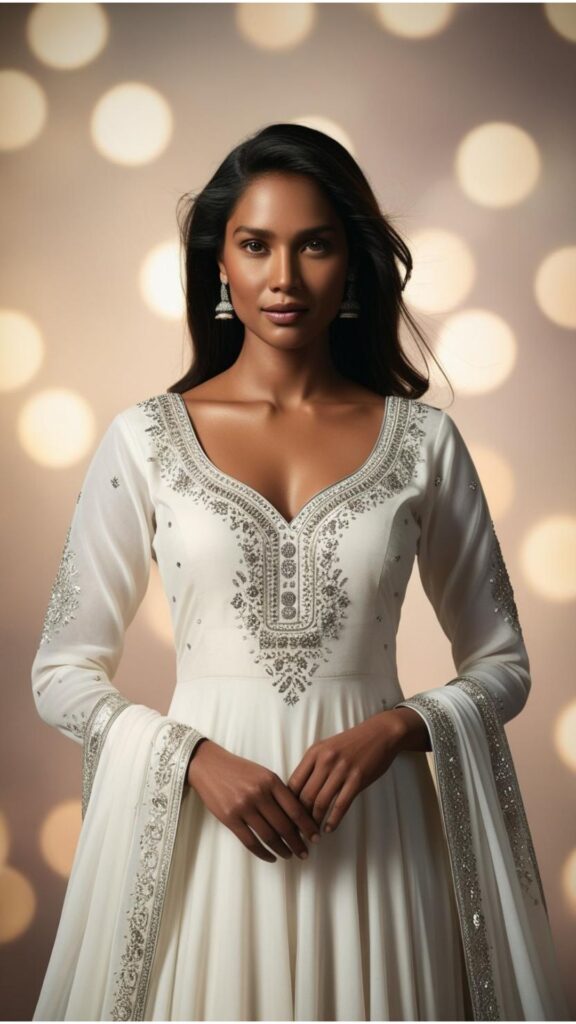 Generate an image of a woman wearing a white Anarkali suit with silver embellishments.
