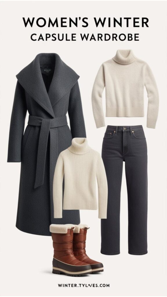 A curated selection of women's winter capsule wardrobe items, including a stylish wool coat, a cashmere sweater, comfortable jeans, and insulated boots.