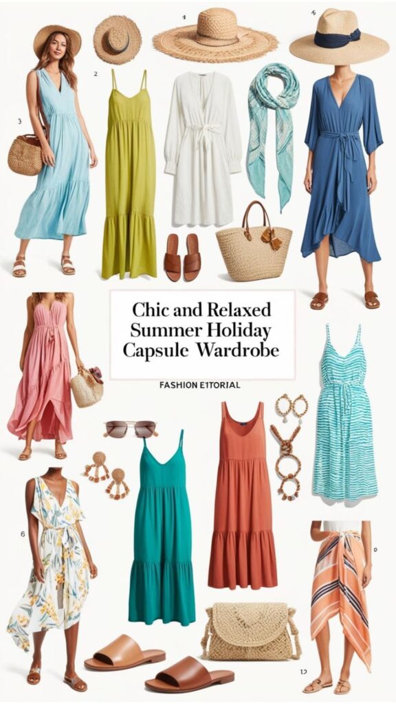 Chic and relaxed summer holiday capsule wardrobe outfits, featuring stylish dresses, comfortable sandals, and beach-appropriate accessories.