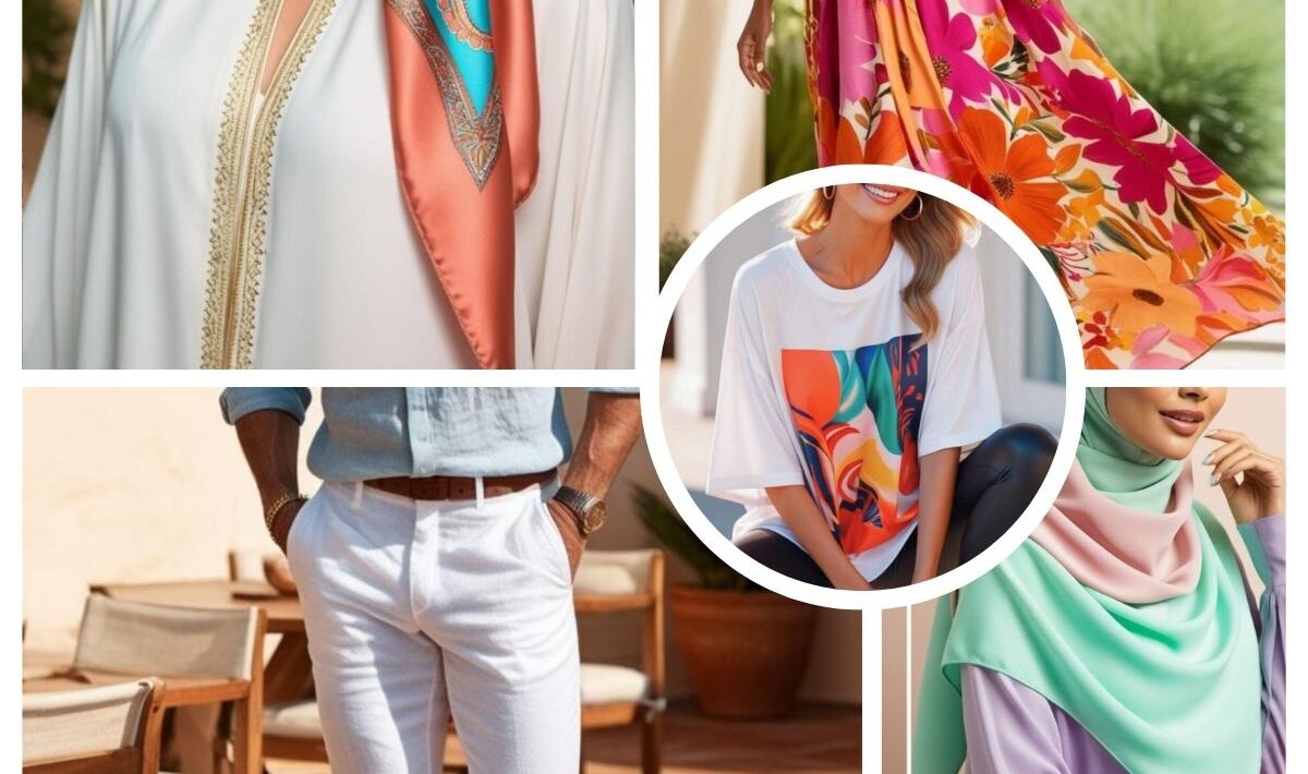 A collage of stylish summer outfits featuring colorful scarves, floral maxi dresses, printed tees, white linen pants, and pastel hijab fashion looks.