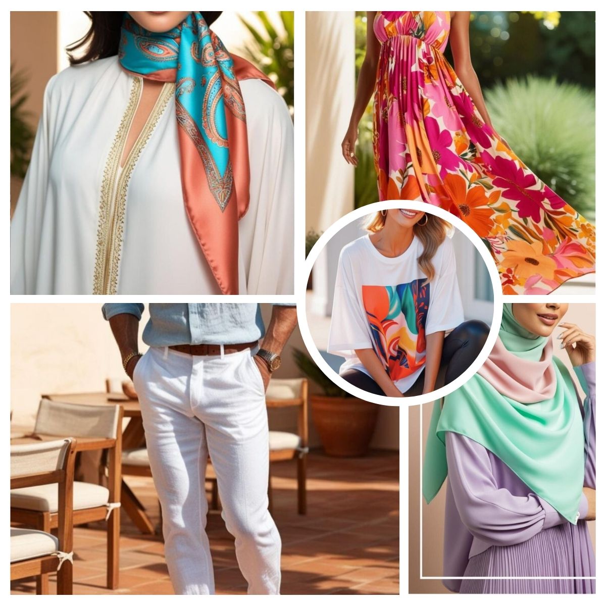 A collage of stylish summer outfits featuring colorful scarves, floral maxi dresses, printed tees, white linen pants, and pastel hijab fashion looks.