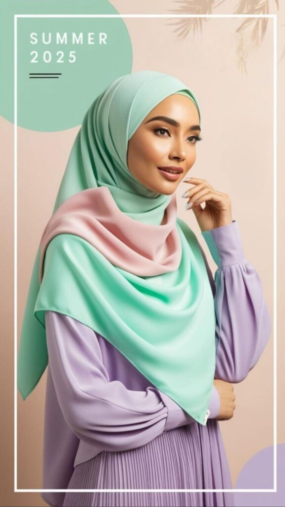Summer hijab 2025 trend: pastel colors like mint green, blush pink, and lavender.