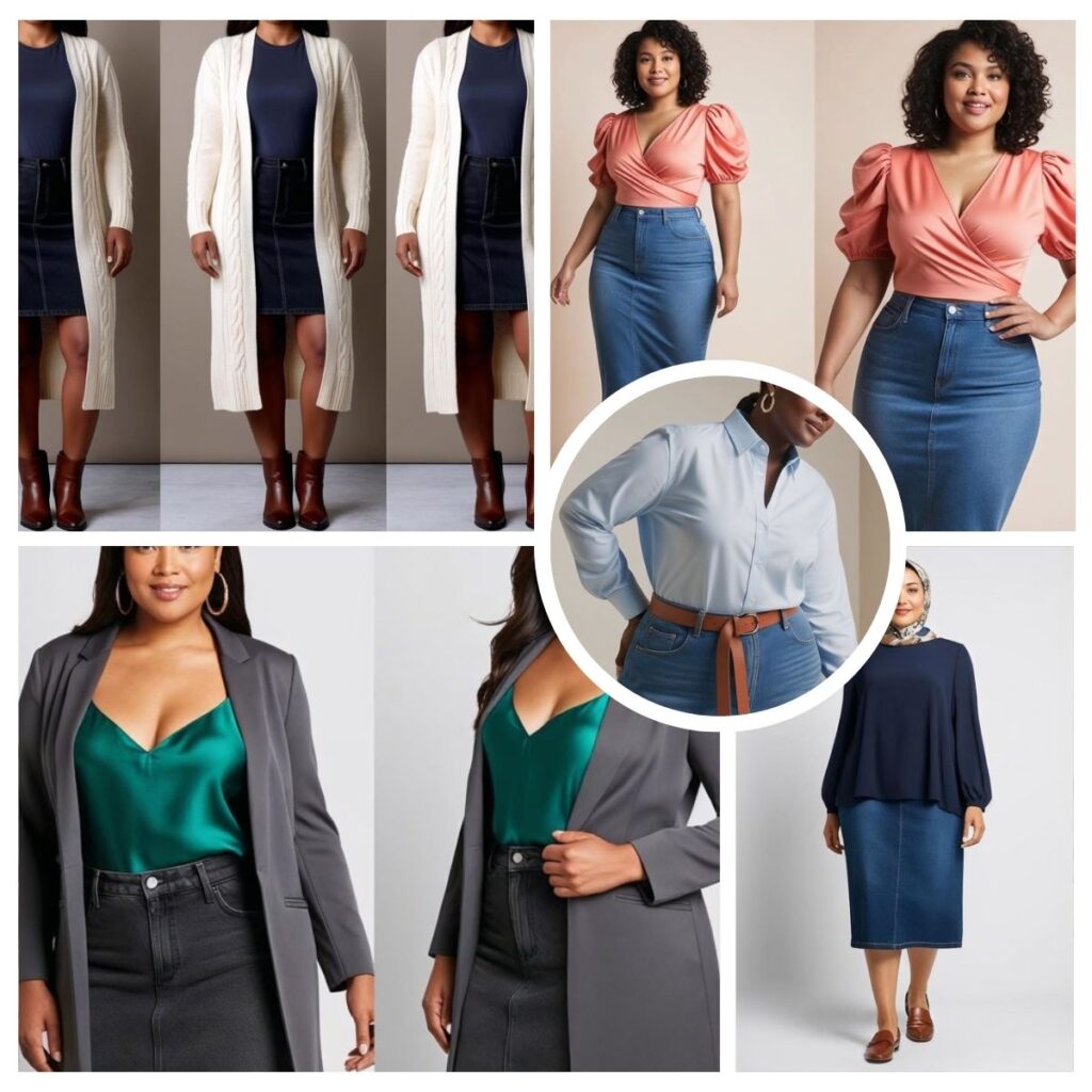 10 Stunning Long Denim Skirt Outfit for Plus Size Ideas