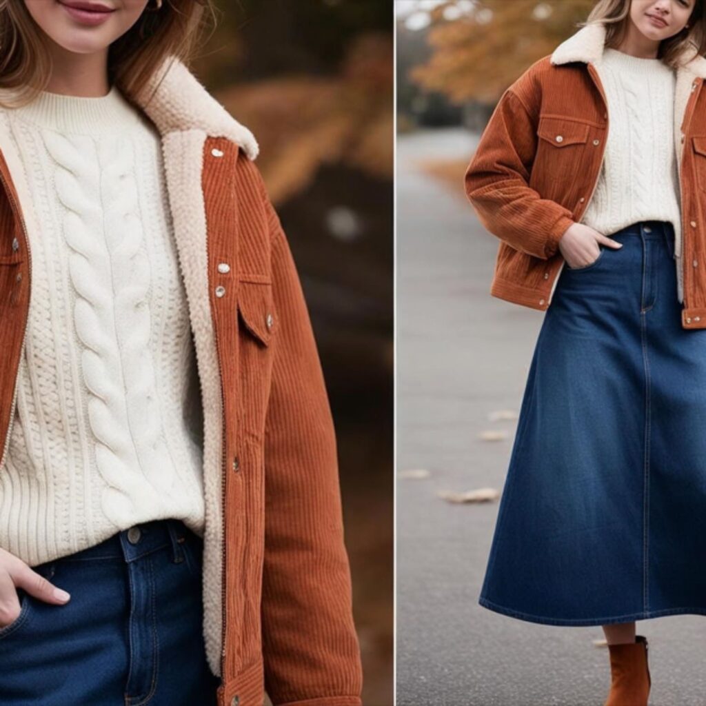 Autumn layers outfit with long denim skirt, cozy sweater or plaid shirt, jacket, and ankle boots creates a comfy, stylish look perfect for cool, windy days.