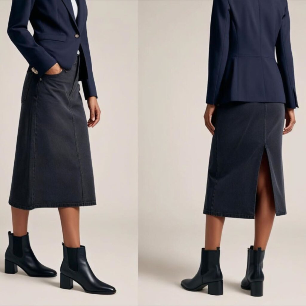 A blazer with a straight denim skirt and block heel boots creates a smart-casual look that’s polished, comfortable, and perfect for work or elevated everyday wear.