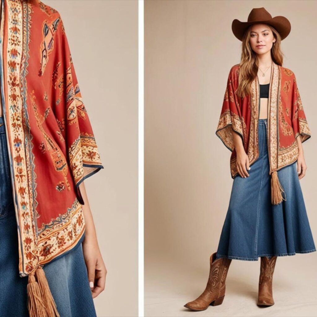 A boho kimono with a flared denim skirt and brown cowboy boots creates a free-spirited, Western-inspired outfit ideal for festivals and casual summer days.