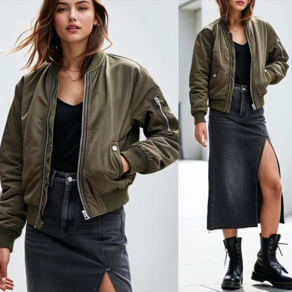 Bomber jacket with long denim skirt and combat boots creates a cool, edgy outfit, perfect for casual outings or hanging with friends while staying comfortable.