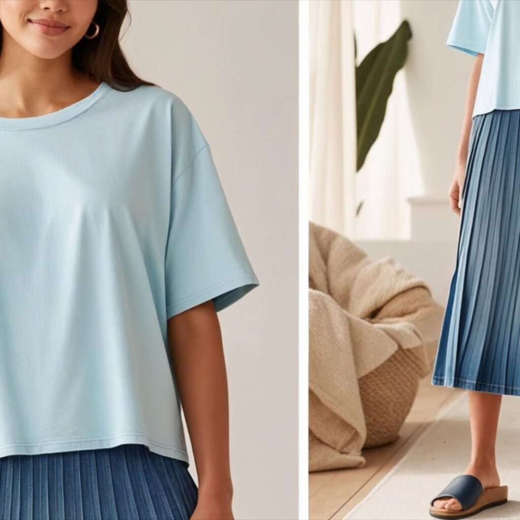 Boxy tee with long pleated denim skirt and slides creates a comfy, stylish outfit, perfect for warm days, casual outings, or relaxing at home with ease.