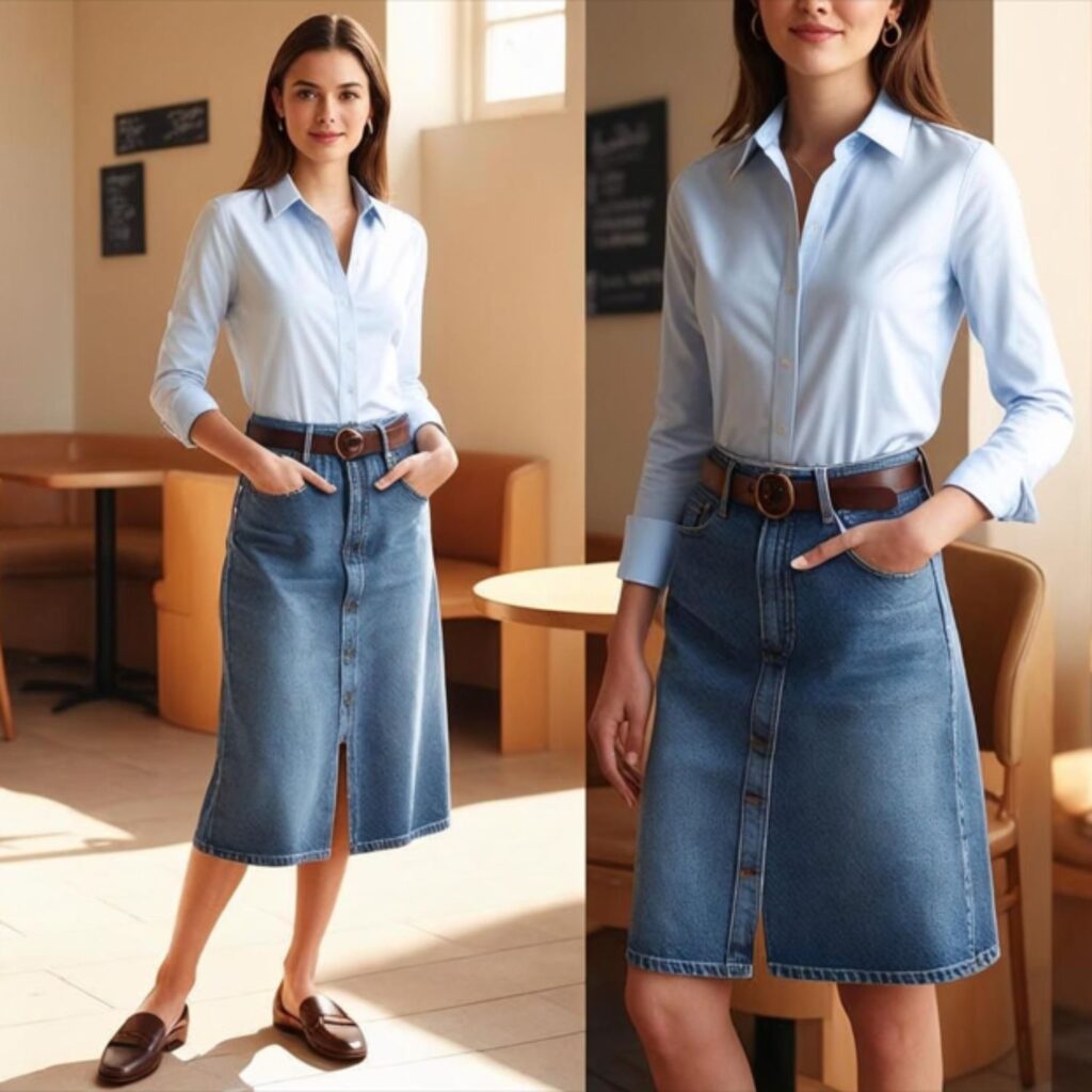 Button-down shirt with belted long denim skirt and loafers creates a clean, smart outfit, perfect for work, school, or coffee with friends, offering comfort and style.
