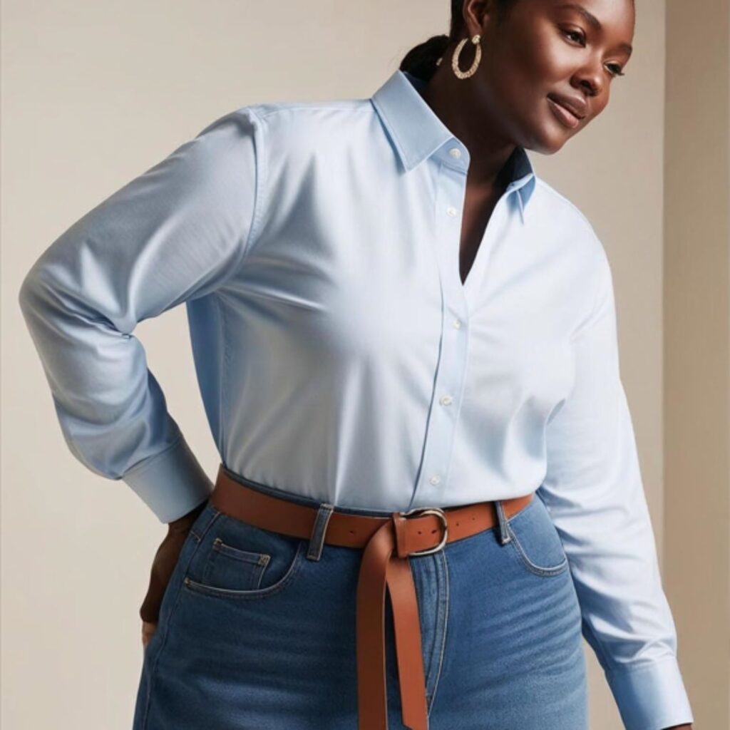 Button-down shirt with belted long denim skirt and slingback flats creates a polished, timeless look, perfect for plus size styling, offering comfort and elegance.