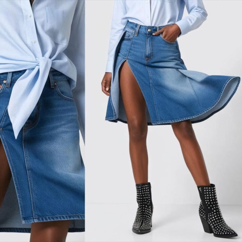 A button-down shirt with a front-slit denim skirt and studded boots creates a bold, cool outfit, combining structure, movement, and edgy details for a chic look.