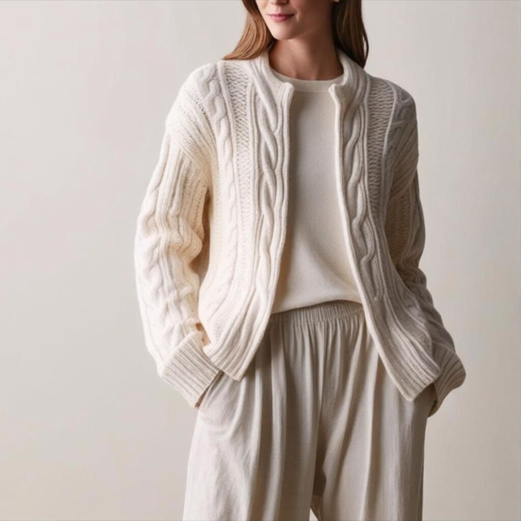Cable knit cardigan with linen pants creates a soft, cozy outfit with warm knit and light pants, perfect for calm days, casual outings, or meeting friends.