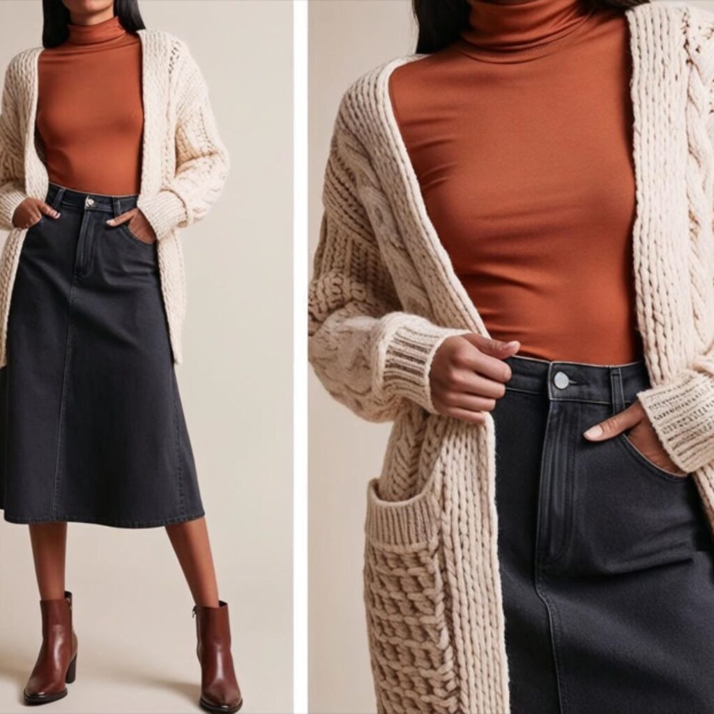 A cozy cardigan over a top with a high-rise denim skirt and tan boots creates a warm, stylish look. Perfect for fall, it blends comfort and elegance with seasonal charm.