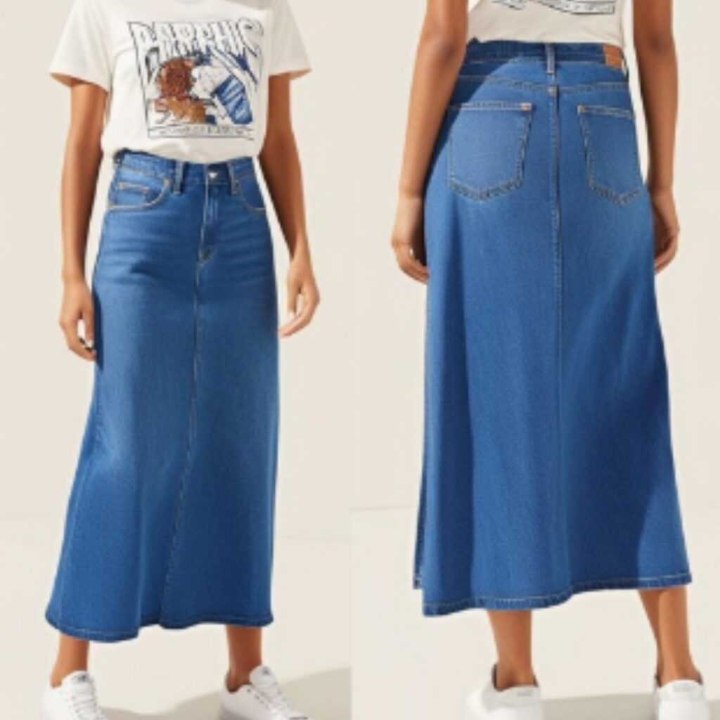 Casual graphic tee with long denim skirt and white sneakers creates a relaxed, stylish outfit, perfect for everyday wear, running errands, or casual weekends.