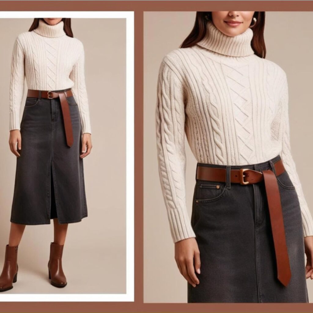 Chunky knit top with belted long denim skirt and heeled boots creates a cozy, refined outfit, perfect for fall outings, casual dinners, and gatherings.