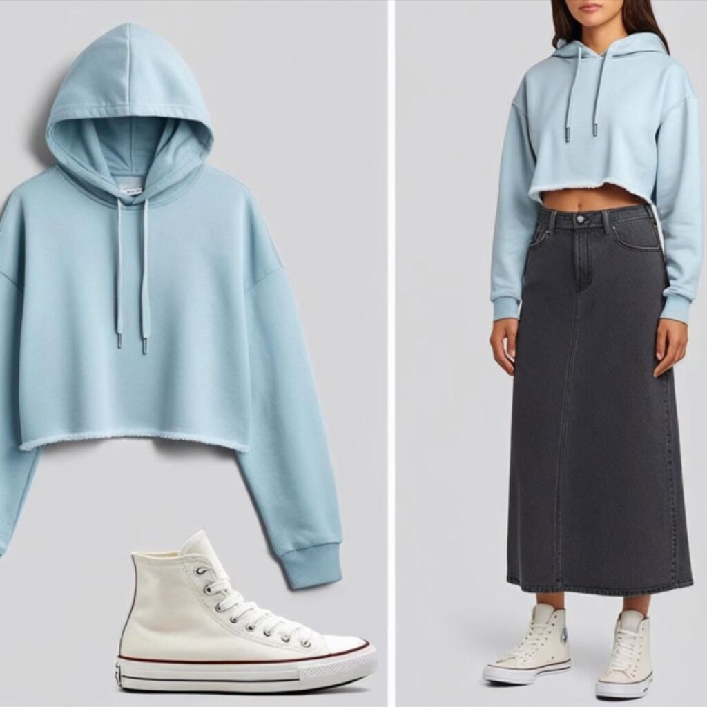 Cropped hoodie with long denim skirt and high-top sneakers creates a cool, sporty outfit, perfect for school, hanging out, or casual outings while staying comfy.