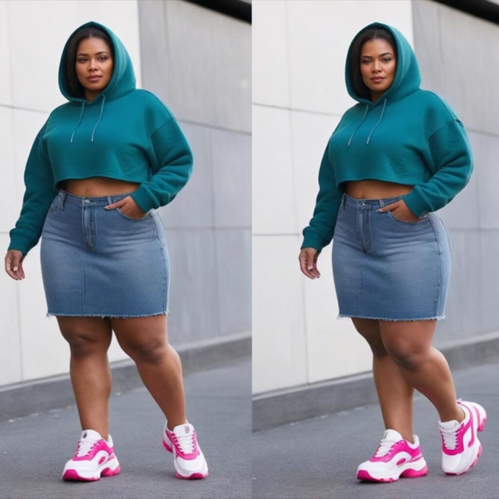 Cropped hoodie with raw hem denim skirt and chunky sneakers creates a bold, youthful outfit, perfect for plus size styling with street-style edge and sporty flair.