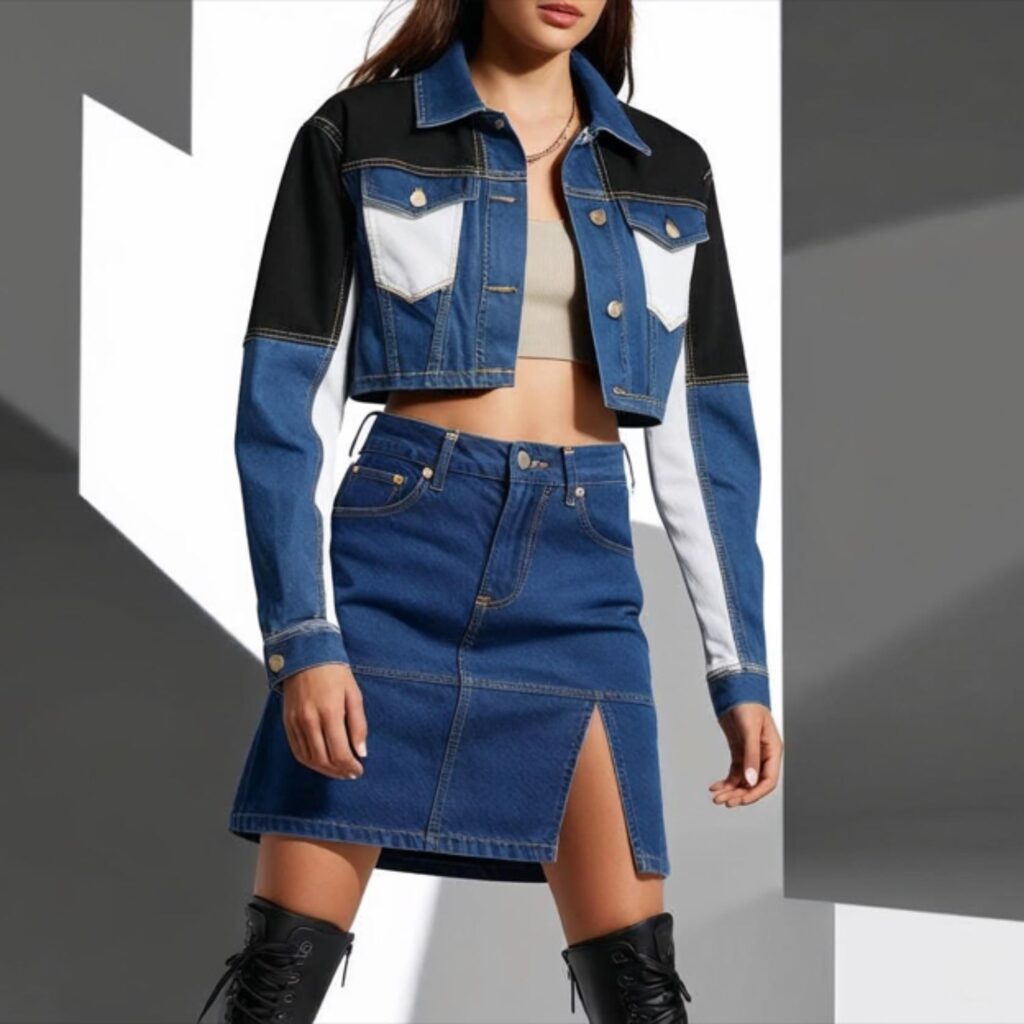 Cropped jacket with panel denim skirt and combat boots creates an edgy, street-style look, blending feminine and tough elements, perfect for day-to-night wear.