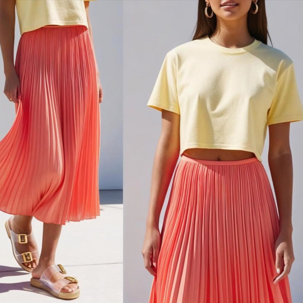 Cropped tee with pleated long skirt and jelly sandals creates a playful, cool outfit, perfect for summer outings, offering comfort, style, and a trendy twist.
