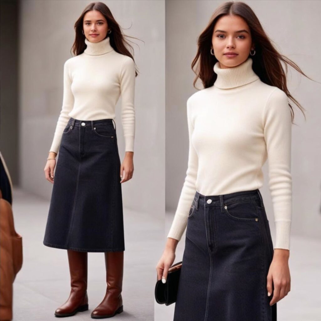 Fitted turtleneck with long denim skirt and tall boots creates a warm, stylish outfit, perfect for cold days at school, work, or casual outings while staying comfy.