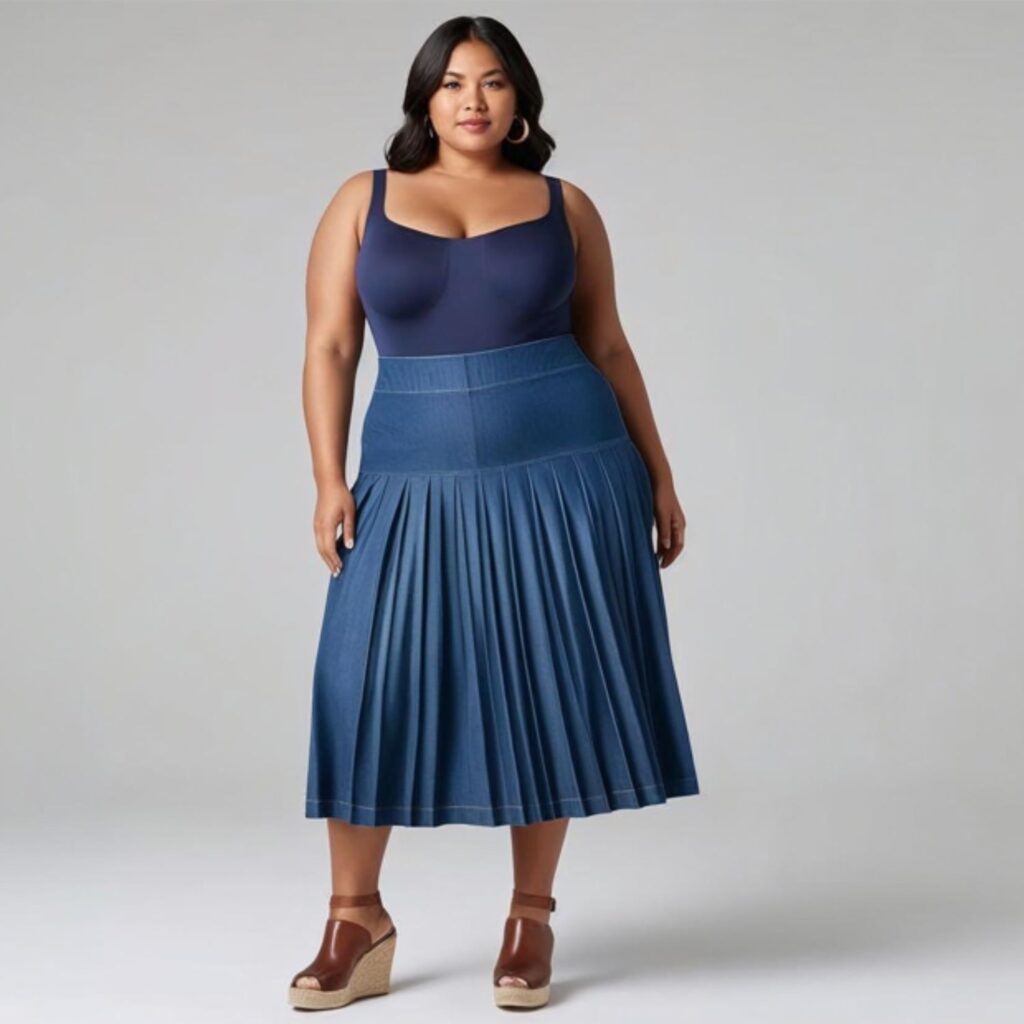 Fitted bodysuit with pleated denim skirt and wedges creates a chic, figure-enhancing outfit, perfect for plus size styling, offering comfort and fashion-forward elegance.