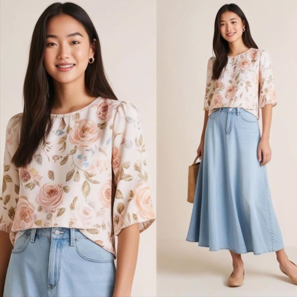 Floral blouse with long denim skirt and ballet flats creates a sweet, simple outfit, perfect for lunch, shopping, or casual outings with a neat, comfy look.